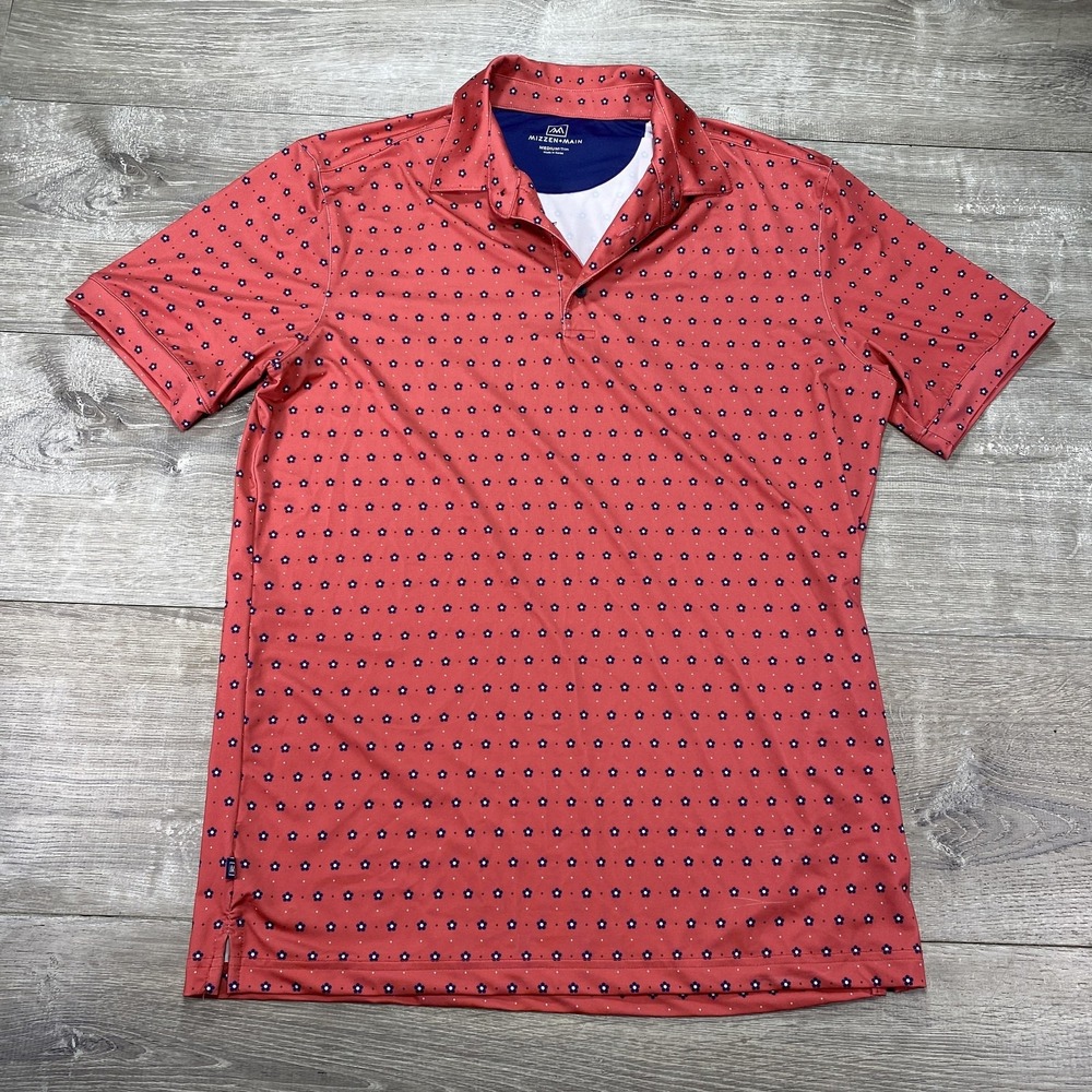 Mizzen+Main Polo Shirt Mens Medium Trim Fit Red Blue‎ Micro Floral Golf Stretch